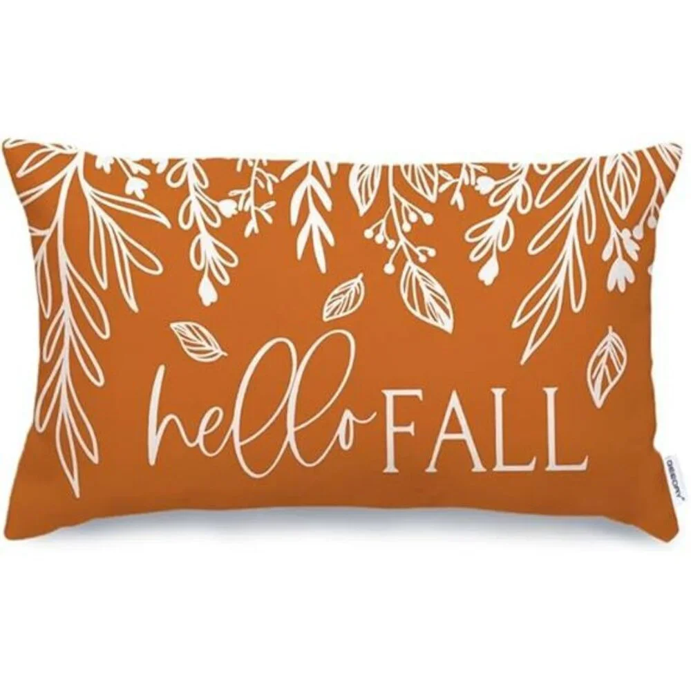 Fall Pumpkin Lumbar Pillow Cover 12x20 Hello Autumn Farmhouse Cushion for Sofa C
